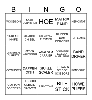 DENTAL HAND INSTRUMENTS Bingo Card