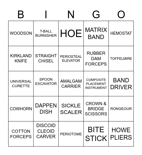 DENTAL HAND INSTRUMENTS Bingo Card