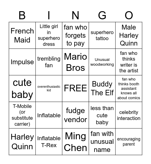 COMIC CON Bingo Card