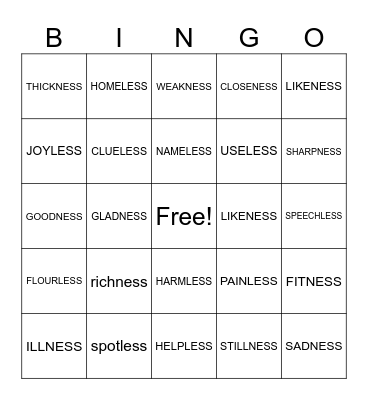 ness and less Bingo Card