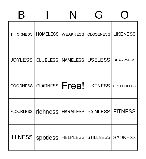 ness and less Bingo Card