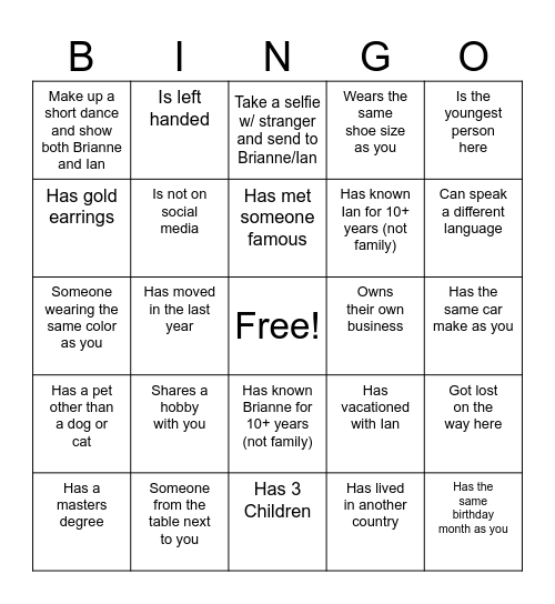 Engagement Party Bingo Card