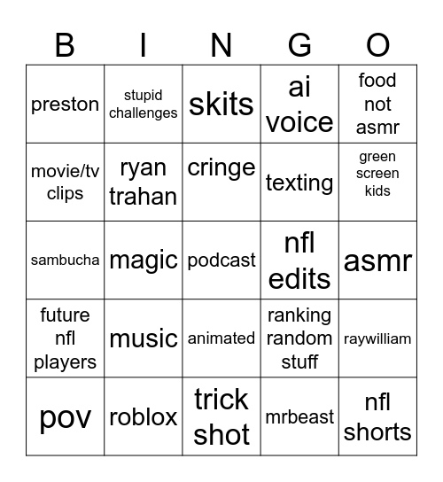 youtube shorts bingo Card