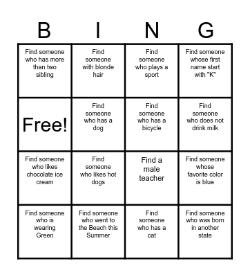 Mr. Reid's Get To Know Me Back to School Bingo (write the person's name in each block) Bingo Card