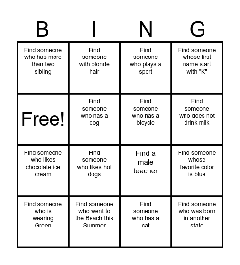 Mr. Reid's Get To Know Me Back to School Bingo (write the person's name in each block) Bingo Card