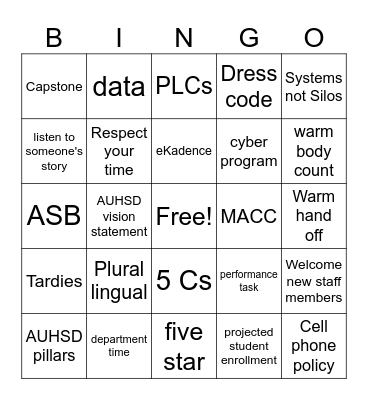 Back to School Staff Meeting Bingo Card