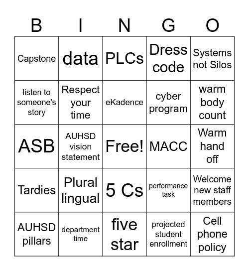 Back to School Staff Meeting Bingo Card