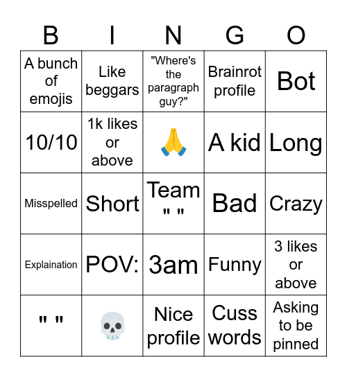 Comments Bingo Card