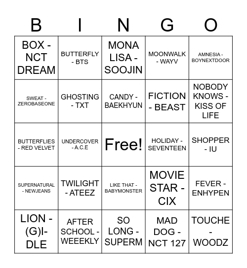 SUHO: KPOP SONG BINGO Card
