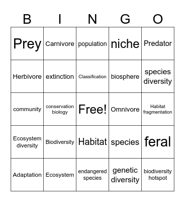 Biodiversity Bingo Card