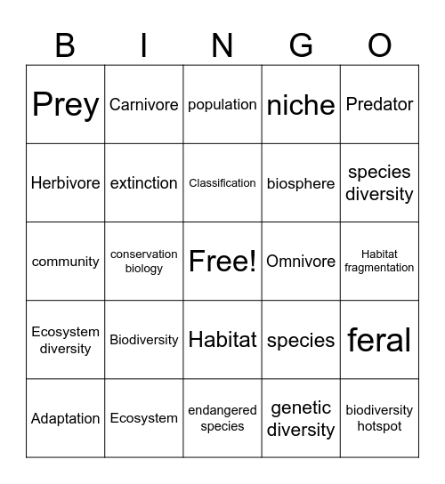 Biodiversity Bingo Card