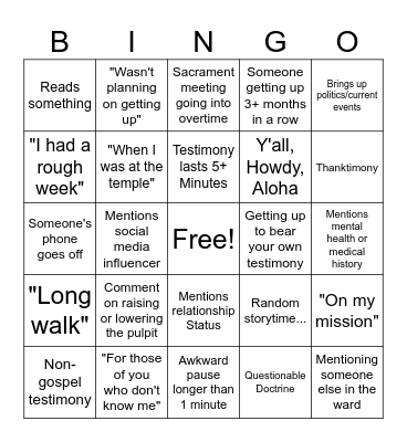 Geriatric YSA Testimony Bingo Card