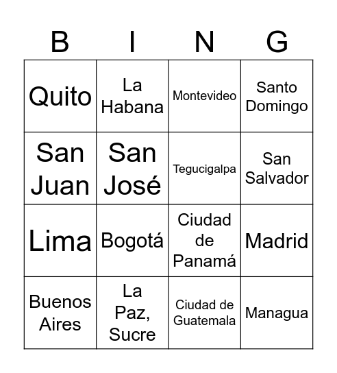 Las capitales Bingo Card