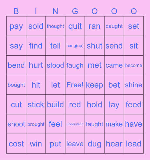 Irregular verb Bingo Card