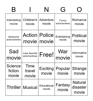 Movie Genres Bingo Card