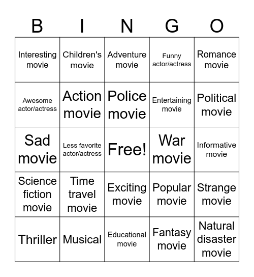 Movie Genres Bingo Card