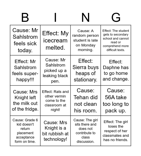 56A Cause and Effect Bingo Card