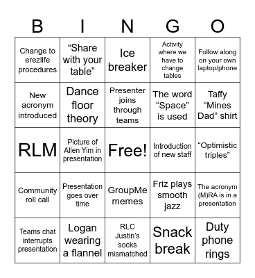 RA Training Bingo Card