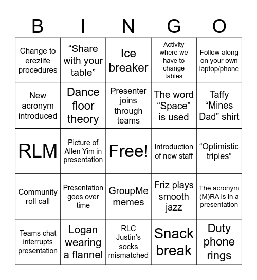 RA Training Bingo Card