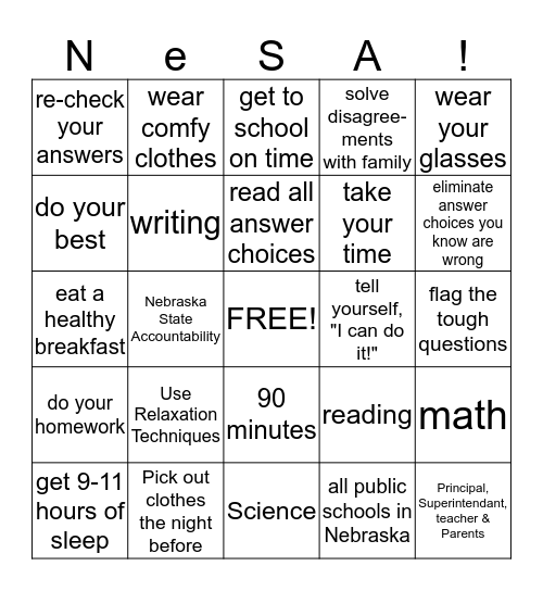 Test-Taking NeSA! Bingo Card