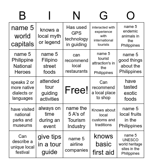 Tour Guide Trivia Bingo: Discover, Connect, and Learn! Bingo Card