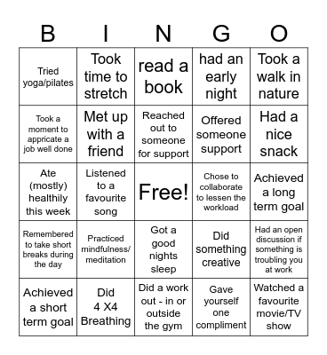 Mental Health Bingo Card