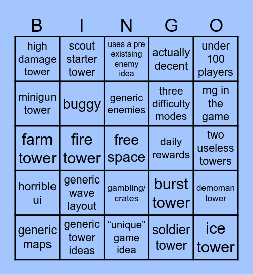 Generic Tower Defense Bingo Card