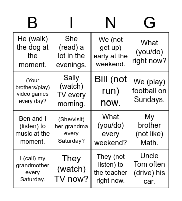 Present Simple/Present Continuous Bingo Card