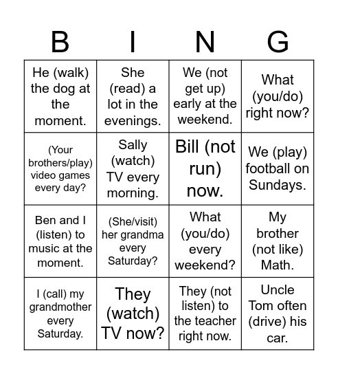 Present Simple/Present Continuous Bingo Card