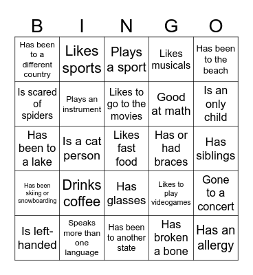 Ice breaker Bingo Card