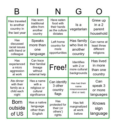 Cultural Diversity Bingo Card