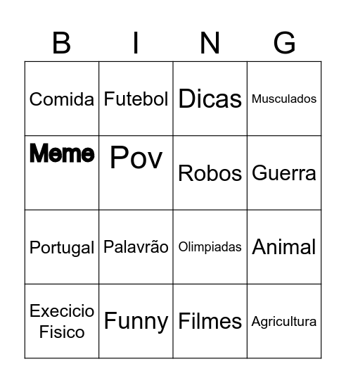 YouTube bingo Card