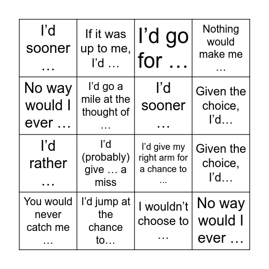 Would you rather Bingo Card