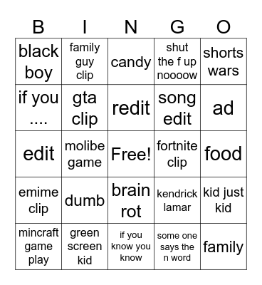 shorts bingo Card