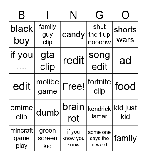 shorts bingo Card