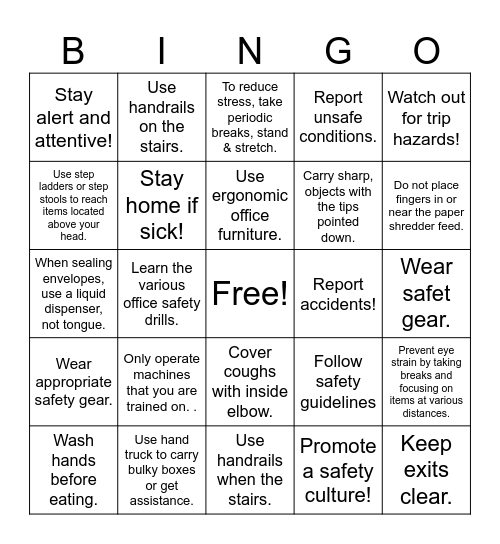 Office Safety Tips Bingo Card