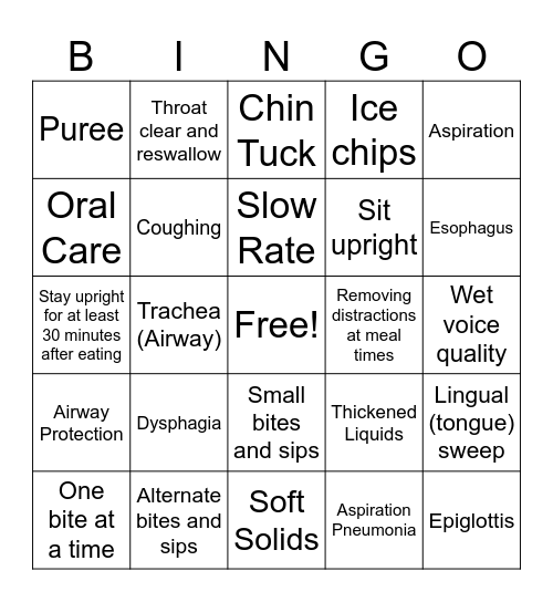 Safe Swallowing Bingo Card