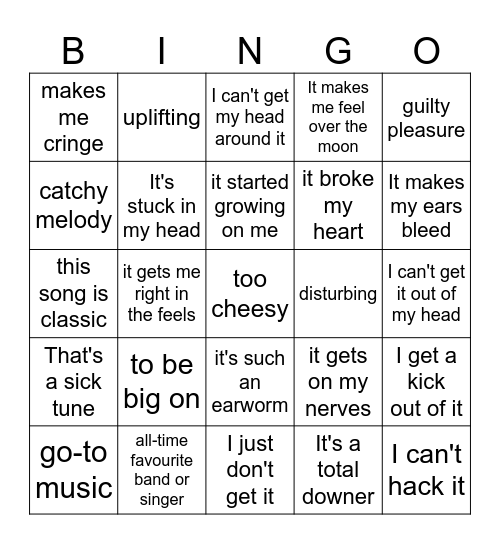 It's music to my ears Bingo Card