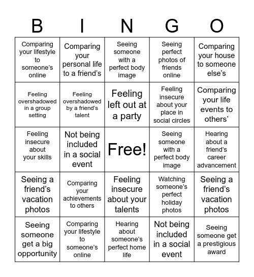 Jealousy, Jealousy Bingo Card