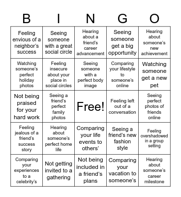 Jealousy, Jealousy Bingo Card