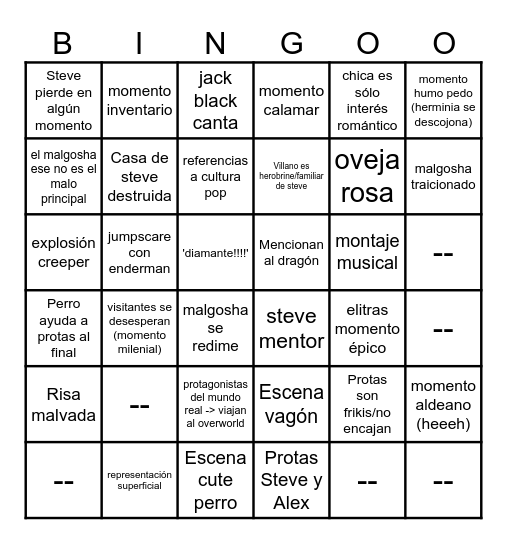 Minecraft Movie Bingo Card