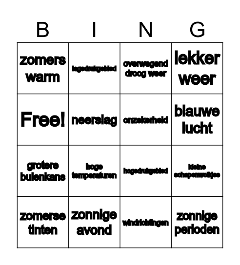 Weerbericht: Welk vakje hoor je niet in de video? Bingo Card