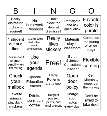 Meet the Teacher, Class, & Expectations Bingo Card