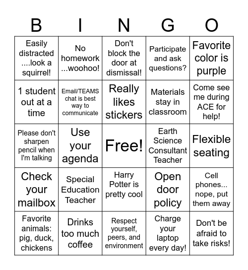 Meet the Teacher, Class, & Expectations Bingo Card