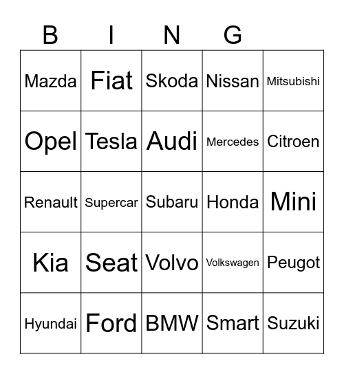 European Car Brands Bingo Card