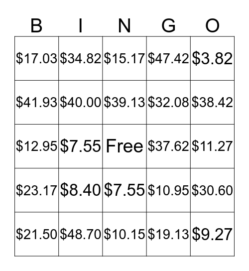 $  MONEY BINGO  $ Bingo Card