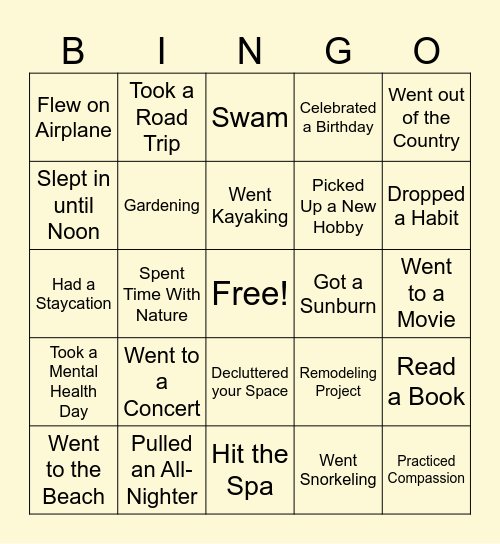 Summer Fun! Bingo Card