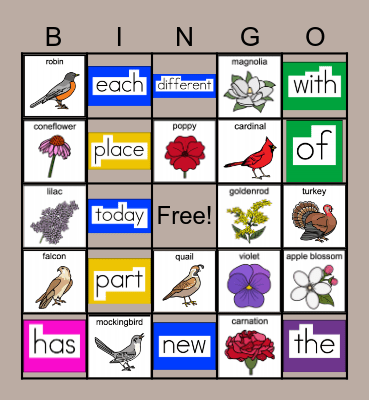 Feb. ULS Sight words and State birds/flowers Bingo Card