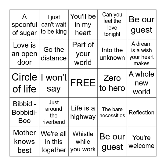 Disney Bingo Card