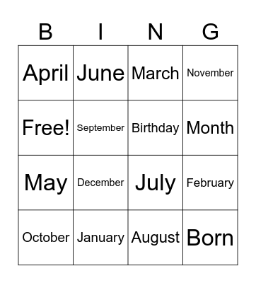 Months Bingo Card